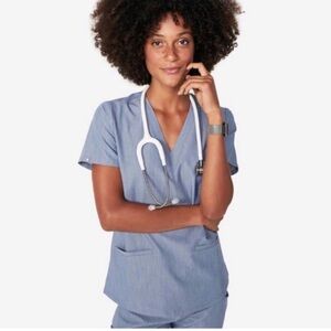 NEW! FIGS CASMA Three Pocket Scrub Top Indigo Blue Women SZ Small